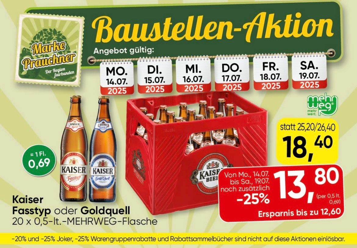 Das Bild zeigt eine Aktion für Goldquell Bier. Es enthält einen roten Kasten mit Bierflaschen und Preisen, mit aufgelisteten Daten und Rabatten. Die Aktion läuft von Montag, 14.07.2025, bis Samstag, 19.07.2025. Der Preis fällt von 25 auf 18.