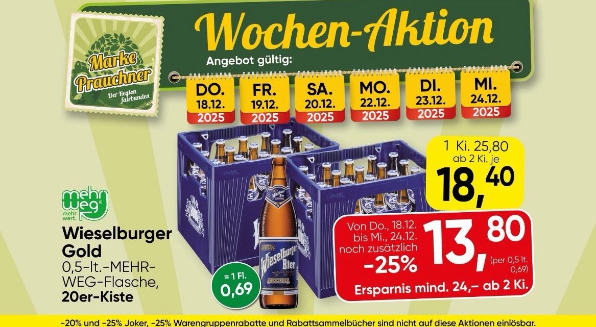 Aktion gültig vom 18.12.2025 bis 24.12.2025. Angebot umfasst 1 Kiste Wiesenburg Bier mit 12 Flaschen für 18,13. Rabatt ab dem 24.12.2025.
