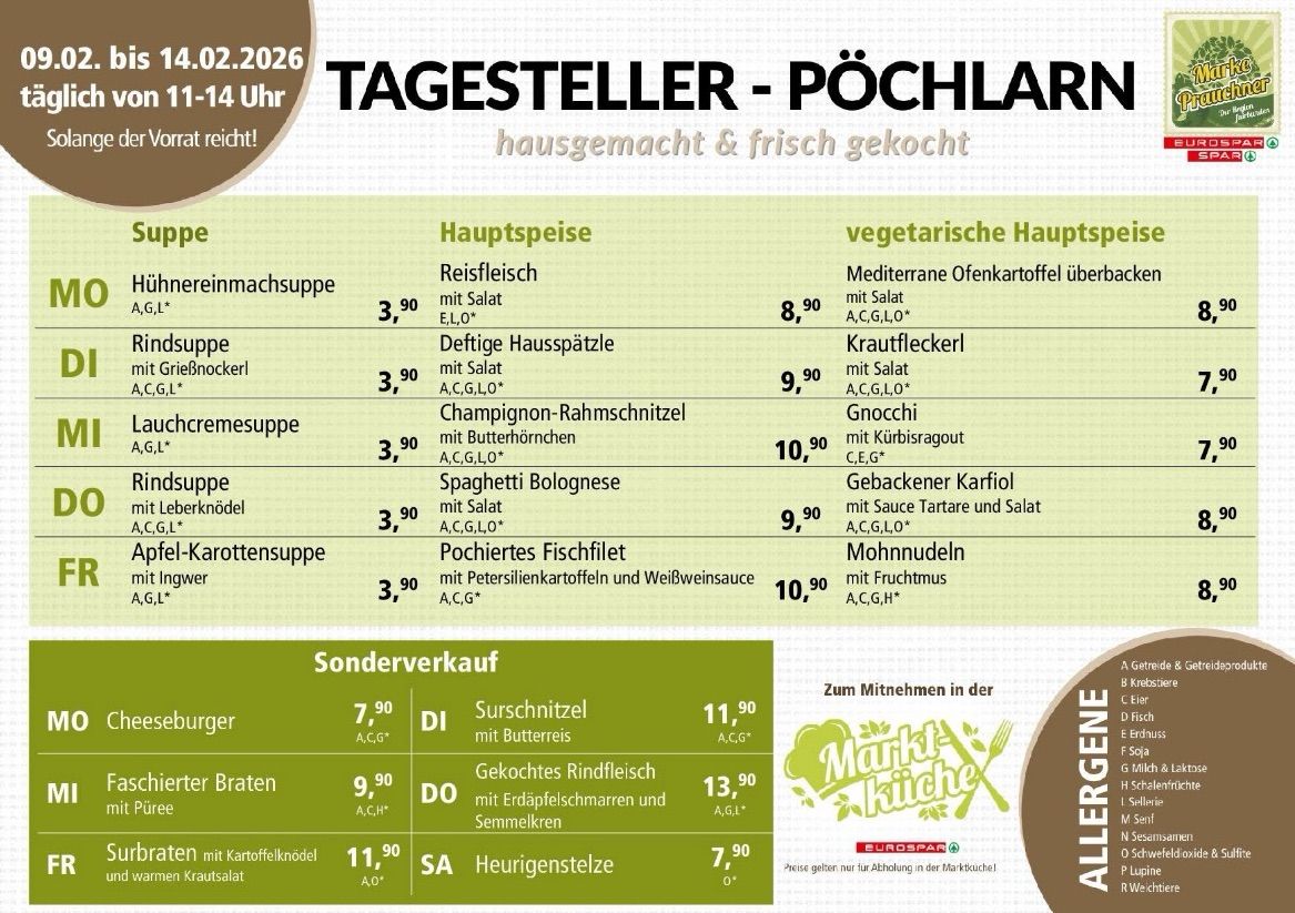 Menü für den 2. Februar 2026 mit hausgemachten und frisch gekochten Gerichten, einschließlich Fleisch- und vegetarischen Optionen. Die Gerichte reichen von Suppen bis zu Hauptgerichten wie Kalbsmedaillons und Fischfilets. Spezialitäten umfassen verschiedene Saucen und Beilagen.
