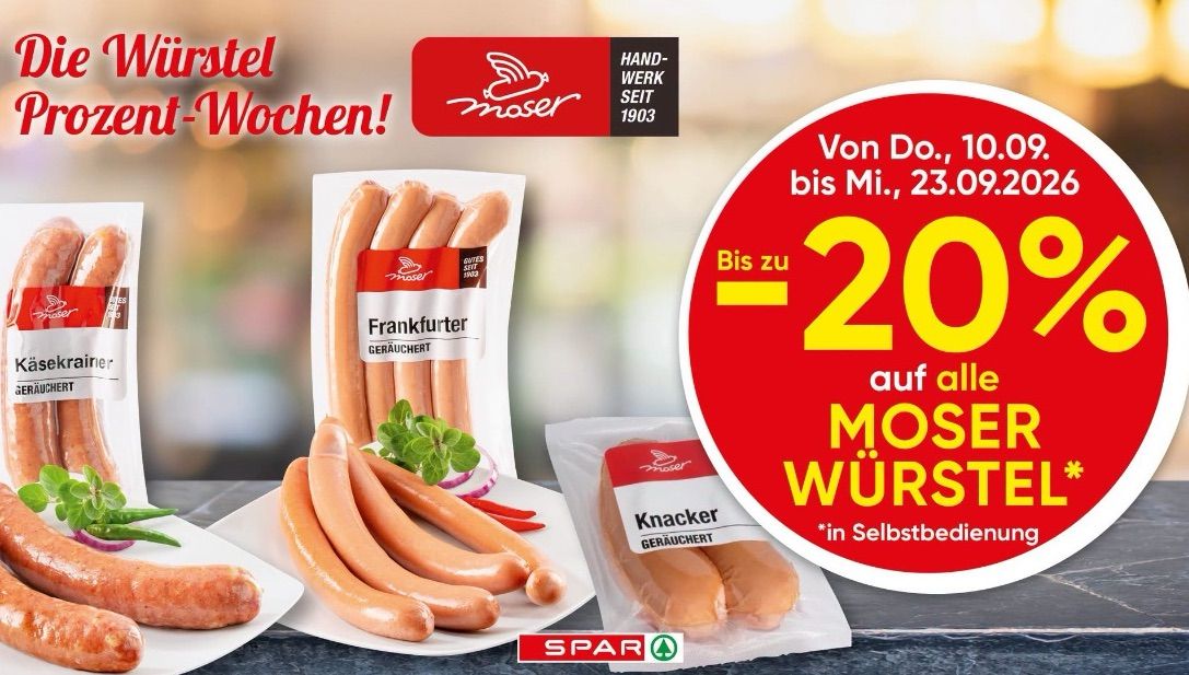 A promotional image for Moser sausages, featuring packs of Frankfurter and Knackwurst on a countertop, with a discount offer of up to 20% valid from Thursday to Wednesday.