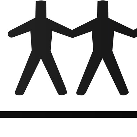 Ein schwarz-weißes Schild mit einer gehenden Figur und dem Wort 'Warm' in fetten Buchstaben.