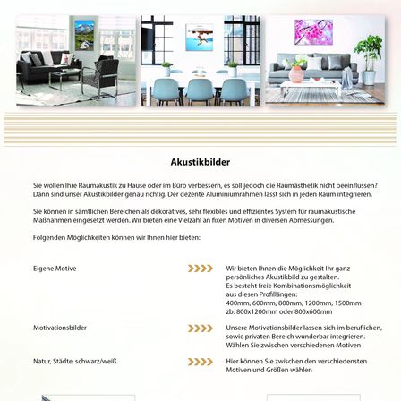 Akustikbilder. Verbessern Sie Ihre Raumakustik zu Hause oder im Büro, ohne die Raumästhetik zu beeinflussen. Unsere Akustikbilder passen genau. Dekorativ, flexibel und effizientes System für raumakustische Messungen. Wählen Sie Ihre Motive und Größen.