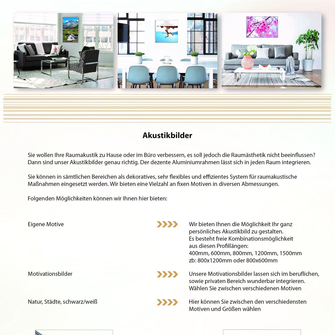 Akustikbilder. Verbessern Sie Ihre Raumakustik zu Hause oder im Büro, ohne die Raumästhetik zu beeinflussen. Unsere Akustikbilder passen genau. Dekorativ, flexibel und effizientes System für raumakustische Messungen. Wählen Sie Ihre Motive und Größen.