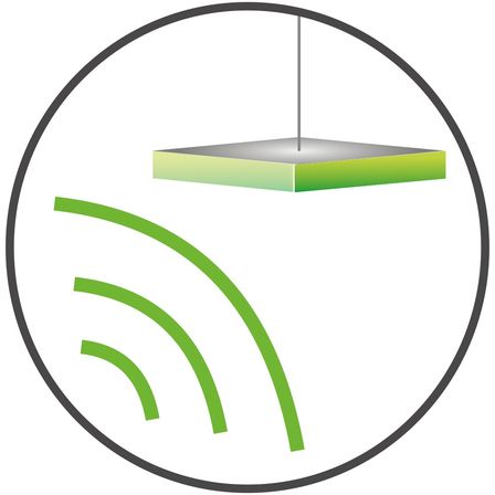 Darstellung einer hängenden quadratischen Box mit einem Licht an der Spitze, das grüne Wellen nach unten aussendet.