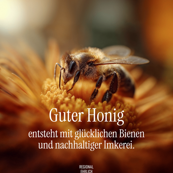 Eine Biene ruht auf einer gelben Blume. Das Bild hat einen Textüberlagerung mit der Aussage 'Guter Honig entsteht mit glücklichen Bienen und nachhaltiger Imkerei.'