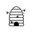 Eine schwarz-weiße Illustration eines Bienenstocks mit Bienen oben und darum herum.