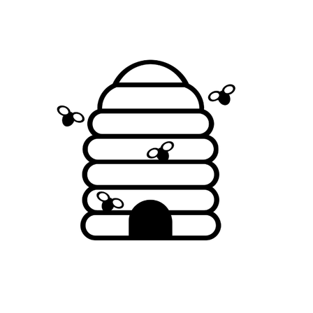 Eine schwarz-weiße Illustration eines Bienenstocks mit Bienen oben und darum herum.