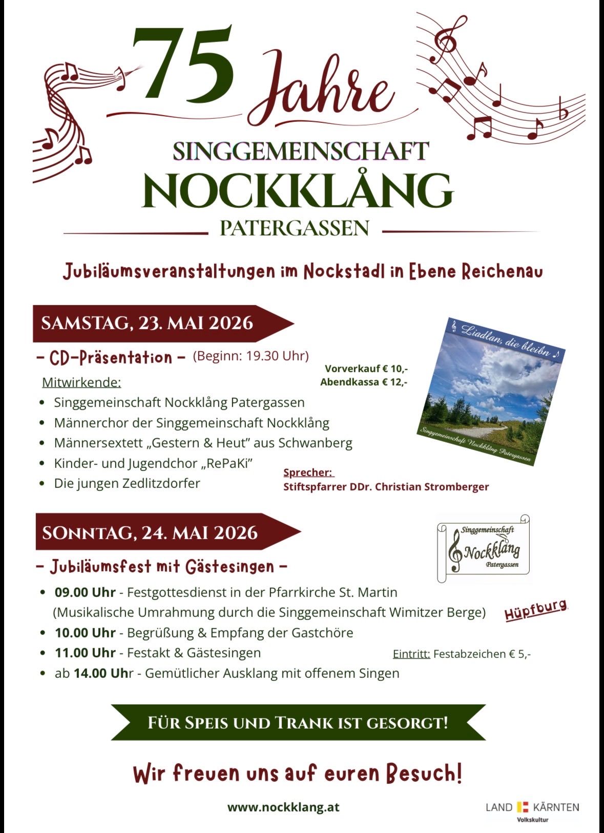 Poster for 'Singgemeinschaft Nockklang' anniversary events in Nockstadt, Ebene Reichenau. Saturday, May 23, 2026: CD presentation at 7:30 PM, pre-sales and ticket prices noted. Sunday, May 24, 2026: Jubilee festival with guest choirs, starting at 9:00 AM with a service at St. Martin's Church. Entry fee of €5.