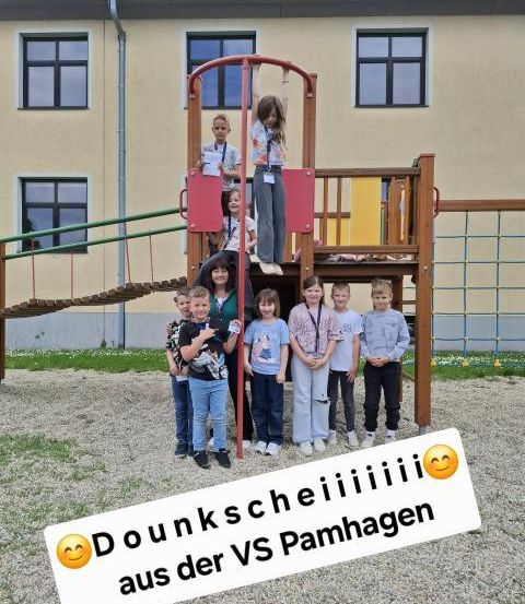 Eine Gruppe von Kindern steht in einem Spielplatz mit einer Frau. Der Spielplatz hat eine Rutsche und ein Klettergerüst. Das Bild hat einen Text-Overlay mit der Aufschrift 'Dounks VS Pamhagen'.