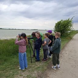 Eine Gruppe von Kindern steht am See und beobachtet durch Ferngläser, einer von ihnen macht ein Foto.