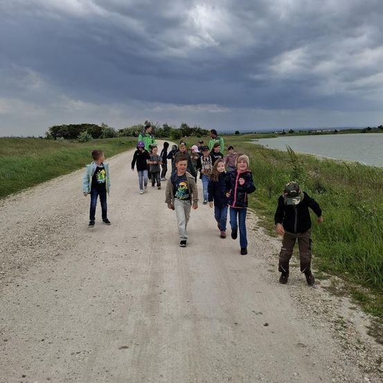 Eine Gruppe von Kindern läuft auf einem Feldweg, begleitet von einigen Erwachsenen, mit einem Grasfeld und Wasser im Hintergrund.