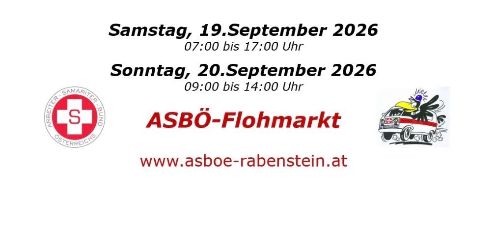 Plakat für ASBO Flohmarkt am 19. und 20. September 2026 mit Öffnungszeiten und Logo.