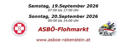 Plakat für ASBO Flohmarkt am 19. und 20. September 2026 mit Öffnungszeiten und Logo.