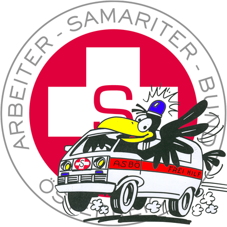 Das Emblem zeigt einen roten Kreuz mit weißen Rändern, einen Vogel auf einem Krankenwagen, und den Text 'ARBEITER-SAMARITER-BUND' und 'ASB'. Der Krankenwagen fährt mit Rauch nach vorne.