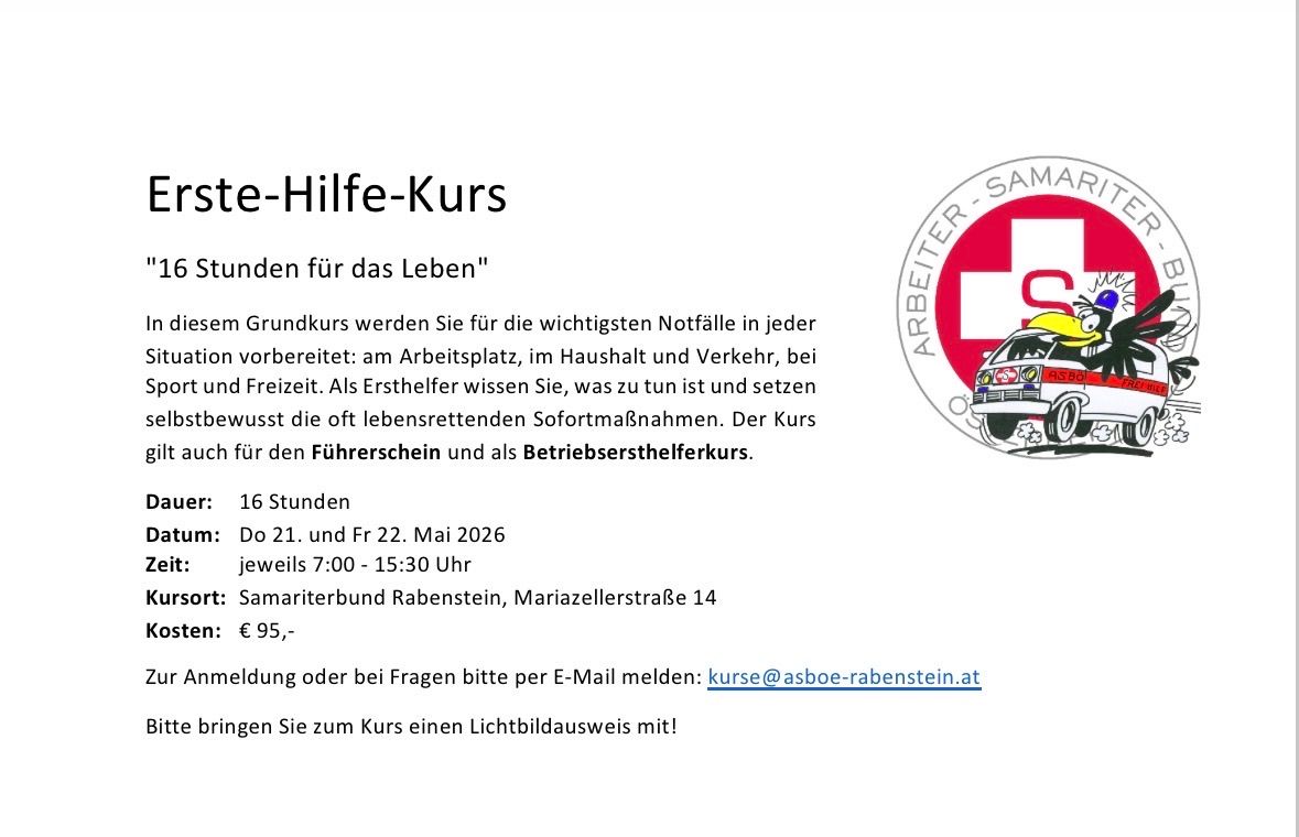 Grundkurs bereitet Sie auf die wichtigsten Notfälle in jedem Bereich vor: am Arbeitsplatz, im Haushalt und Verkehr, in der Freizeit. Als Ersthelfer wissen Sie, was zu tun ist und setzen Sie oft lebensrettende Sofortmaßnahmen. Der Kurs für den Führerschein und als Betriebsrettungsfahrzeug.