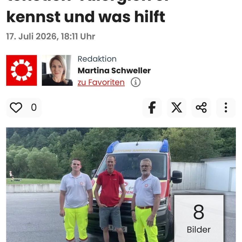 Drei Männer in Sicherheitsausrüstung stehen vor einem Krankenwagen mit Bergkulisse.