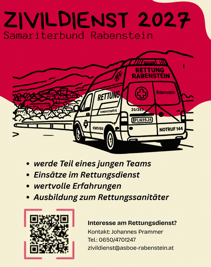 Eine Werbung für den Samariterbund Rabenstein. Es zeigt eine Illustration eines Rettungswagens mit dem Text 'RETTUNG Rabenstein' an der Seite. Unter dem Wagen befinden sich Aufzählungspunkte über die Zugehörigkeit zu einem jungen Team, Rettungsdienstmissionen, wertvolle Erfahrungen und Ausbildung zum Rettungssanitäter. Die Kontaktdaten von Johannes Prammer sind ebenfalls angegeben.