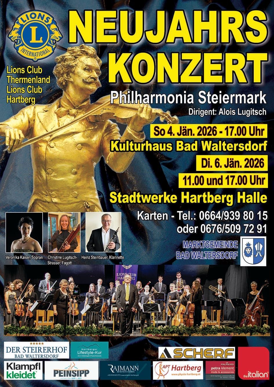 Konzertankündigung mit einer goldenen Statue, die die Geige spielt, Hintergrund von Musikern. Veranstaltung: Philharmonia Steiermark, Leitung: Alois Lugitsch. Termine: 4. Januar 2026, 17:00; 6. Januar 2026, 11:00 und 17:00. Orte: Kulturhaus Bad Waltersdorf und Stadtwerke Hartberg Halle. Tickets: 0664/939 80 15 oder 0676/509 72 91.