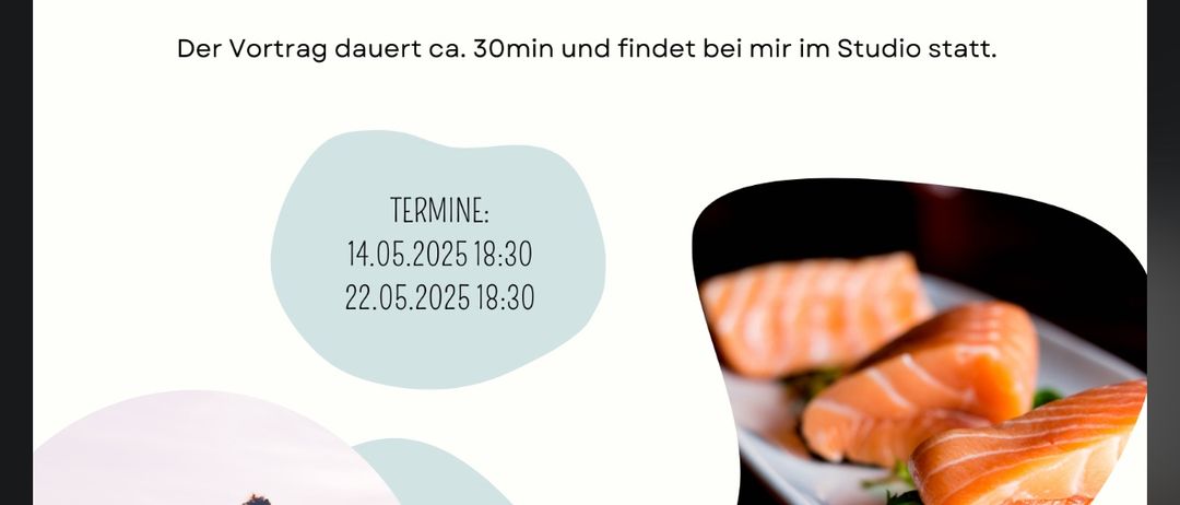 Plakat für einen kostenlosen Vortrag über die Bedeutung von Omega 3 für Gesundheit und sportliche Leistung.