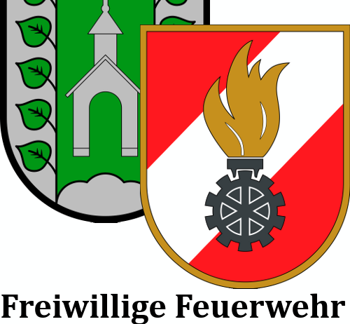 Das Bild zeigt das Logo der Freiwilligen Feuerwehr Steyregg mit einer Kirche, Blättern und einem Feueremblem auf einem roten und weißen Schild.
