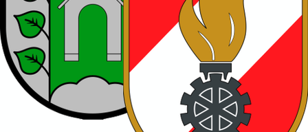 Das Bild zeigt das Logo der Freiwilligen Feuerwehr Steyregg mit einer Kirche, Blättern und einem Feueremblem auf einem roten und weißen Schild.