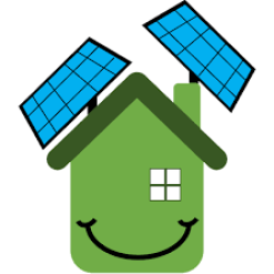 Ein grünes Haus mit zwei Solarpanelen auf dem Dach und einem lächelnden Gesicht auf der Vorderseite.