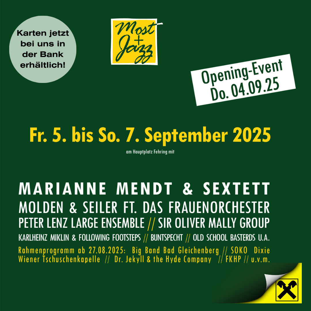 Ein Plakat für ein Jazz-Event im September 2025 mit verschiedenen Künstlern. Das Eröffnungsevent ist am 4. September 2025. Die Veranstaltung läuft von Freitag, 5. September bis Sonntag, 7. September.
