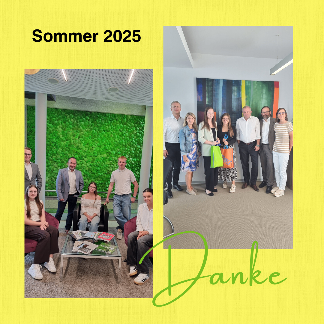Zwei Bilder: eines von einem Team vor einer grünen Wand, das andere mit einer Dankesbotschaft. Beide vor gelbem Hintergrund.