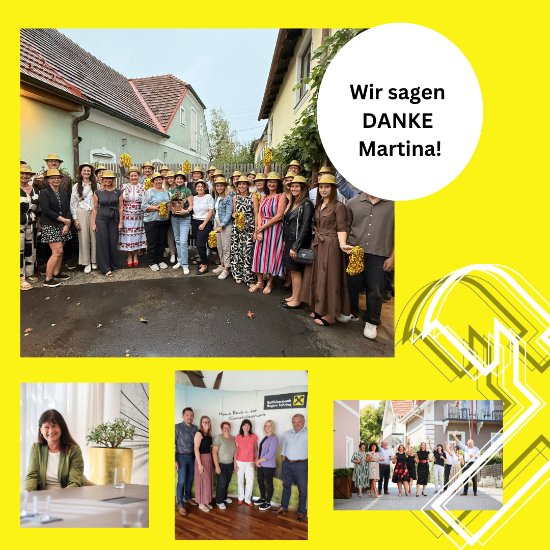 Eine Gruppe von Menschen in Hüten und verschiedenen Outfits steht vor Gebäuden. Ein Sprechblase sagt 'Wir sagen DANKE Martina!' Unten sind drei Fotos: eine Frau vor einem Tisch, eine Gruppe von Menschen und eine weitere Gruppe vor einem Haus.