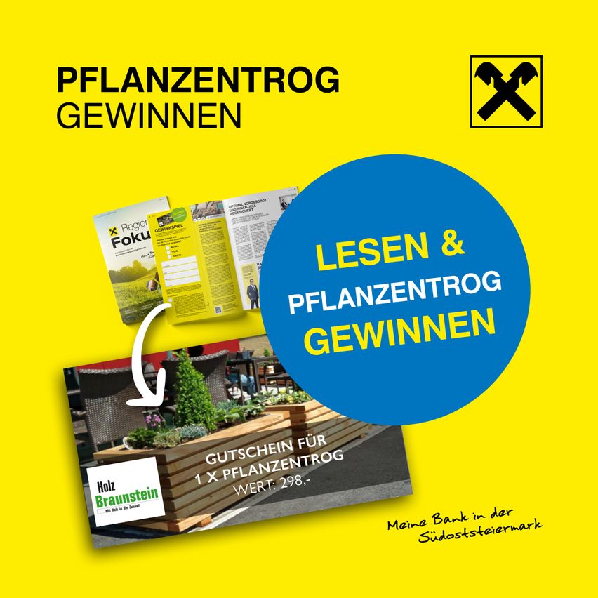 Eine Werbung auf gelbem Hintergrund bewirbt den Gewinn eines Pflanzentrogs. Es zeigt einen blauen Kreis mit dem Text 'LESEN & PFLANZENTROG GEWINNEN' und einen gelben Flyer mit dem Text 'Gutschein für 1 X Pflanzentrog Wert: 298'.