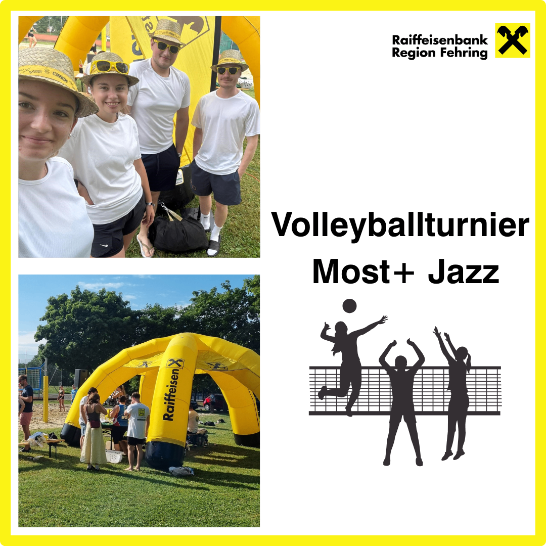 Eine Collage von Bildern zeigt ein Volleyball-Turnier mit Teilnehmern, Luftaufblasbaren und einem Banner. Es enthält Silhouetten von Spielern und einem Ball.