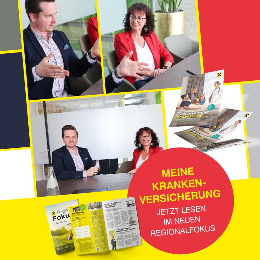 Eine Collage von Menschen in Anzug und Krawatte, die um einen Tisch herum sitzen und stehen, mit Text auf Deutsch 'Meine Krankenversicherung'. Ein Heft mit dem Titel 'Regionalfoku' ist ebenfalls sichtbar.