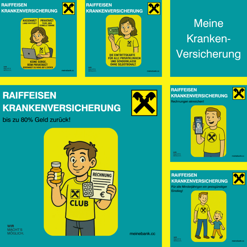 Werbung für Raiffeisen Krankenversicherung mit gelbem und grünem Hintergrund. Das Bild zeigt verschiedene Karten und einen Mann, der einen Laptop in der Hand hält. Der Mann lächelt und scheint auf seinem Laptop zu arbeiten.