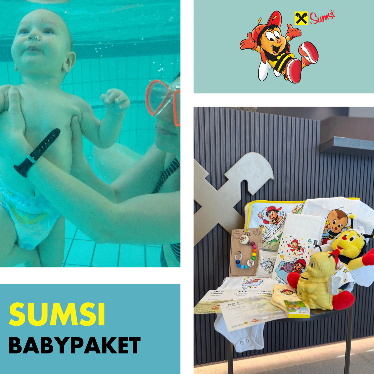 Bild zeigt ein Baby im Pool mit Schwimmbrille, ein Sumsi-Babypaket mit verschiedenen Artikeln und der Sumsi-Zeichentrickfigur.