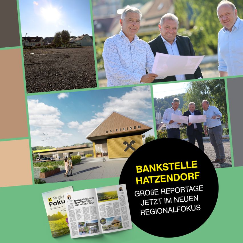 A collage features images of individuals, a Raiffeisen building, and an advertisement for a regional focus.