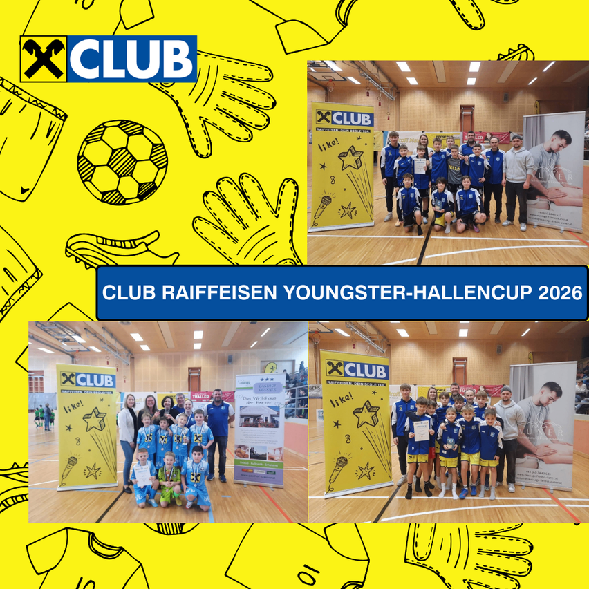 Ein Event-Poster für den Club Raiffeisen Youngsters Hall Cup 2026 mit drei Bildern von Kindern in Sportuniformen mit Medaillen, einem gelben Hintergrund und einem Fußball.