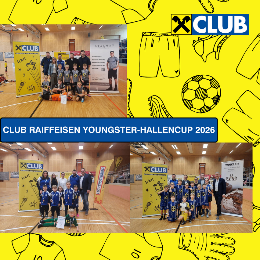 Bild von Fußballspielern und Erwachsenen in einer Halle mit Bannern und Trophäen. Es steht Club Raiffeisen Youngsters Hallencup 2026.