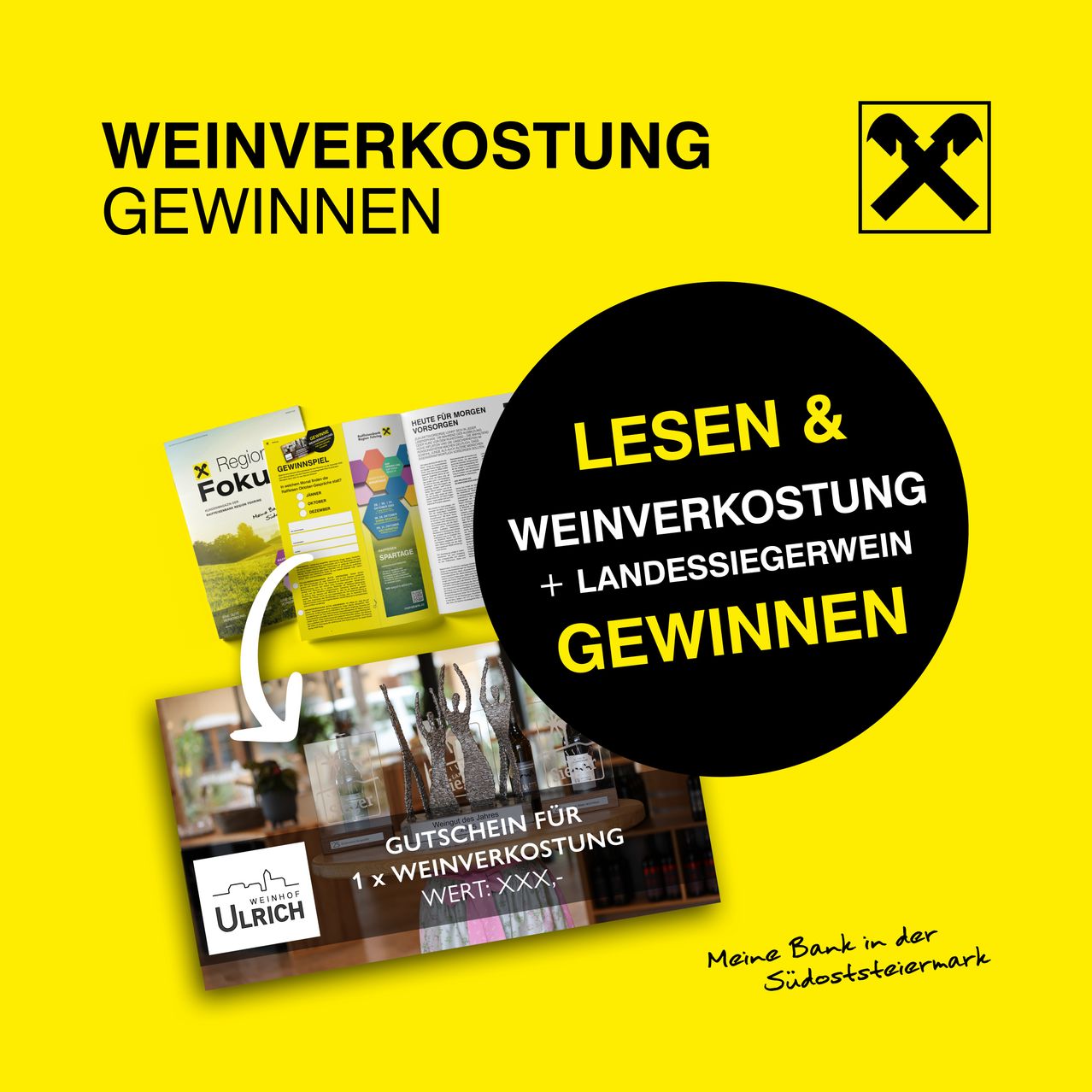 Eine Werbung für Weinkosten. Lesen und gewinnen Sie Weinkosten und Landessiegerwein. Ein Gutschein für eine Weinkosten wird gezeigt.