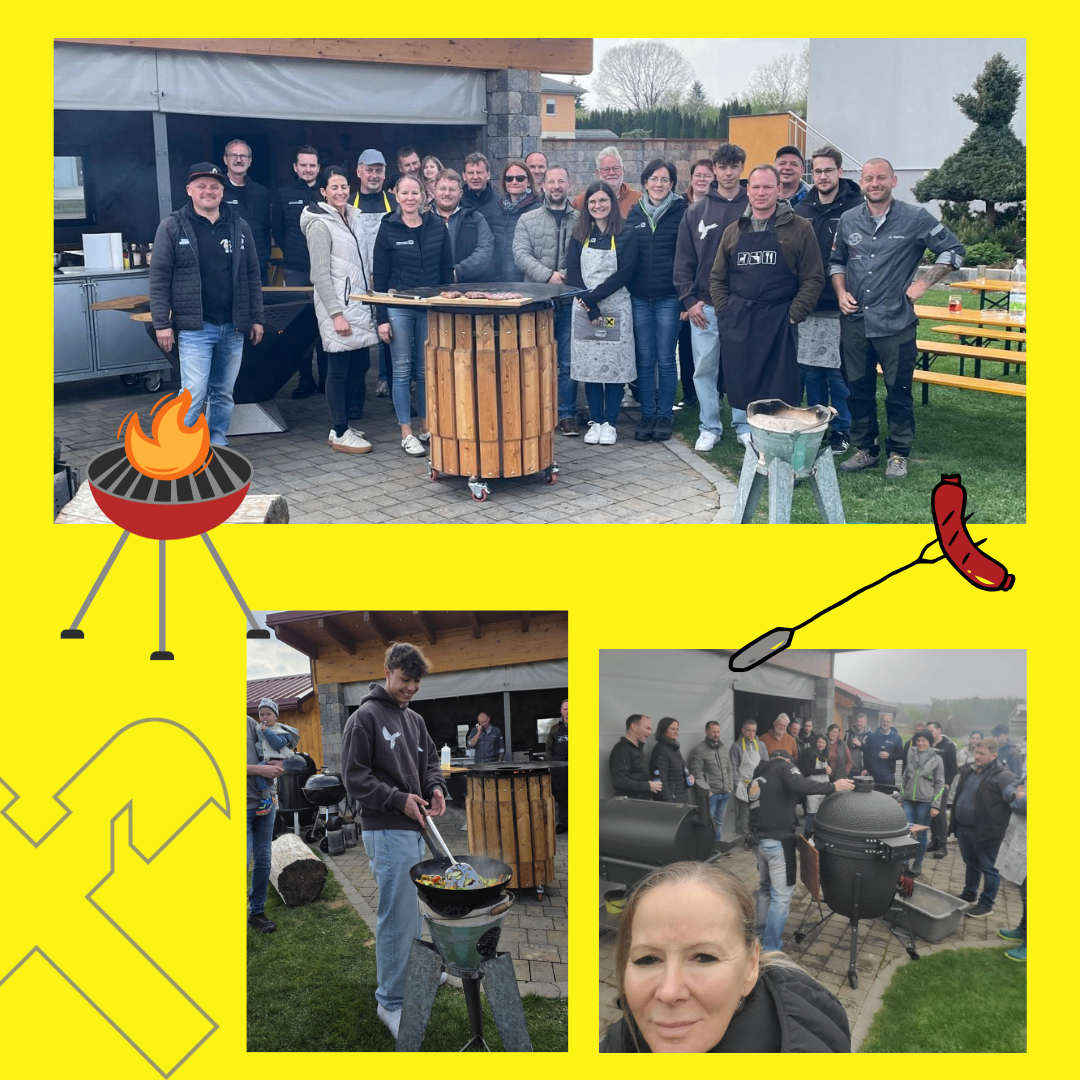A group of people are gathered around a grill, cooking food. Some are wearing aprons, and there are tables with food and a fire. Another photo shows a person cooking in a bowl.