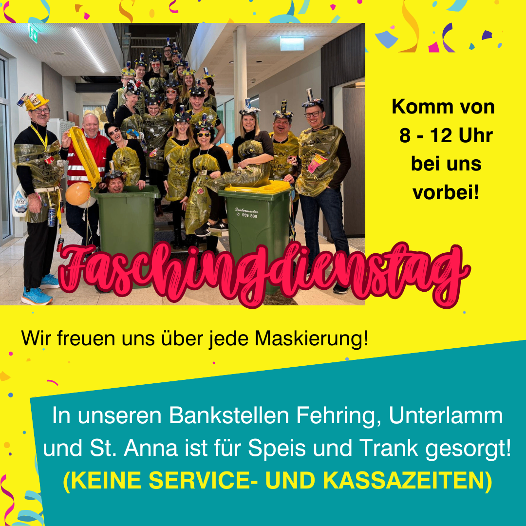 A poster with a group of people dressed in costumes. Text reads, 'Faschingdienstag'. Time mentioned is 8-12. There is a notice about food and drink availability.