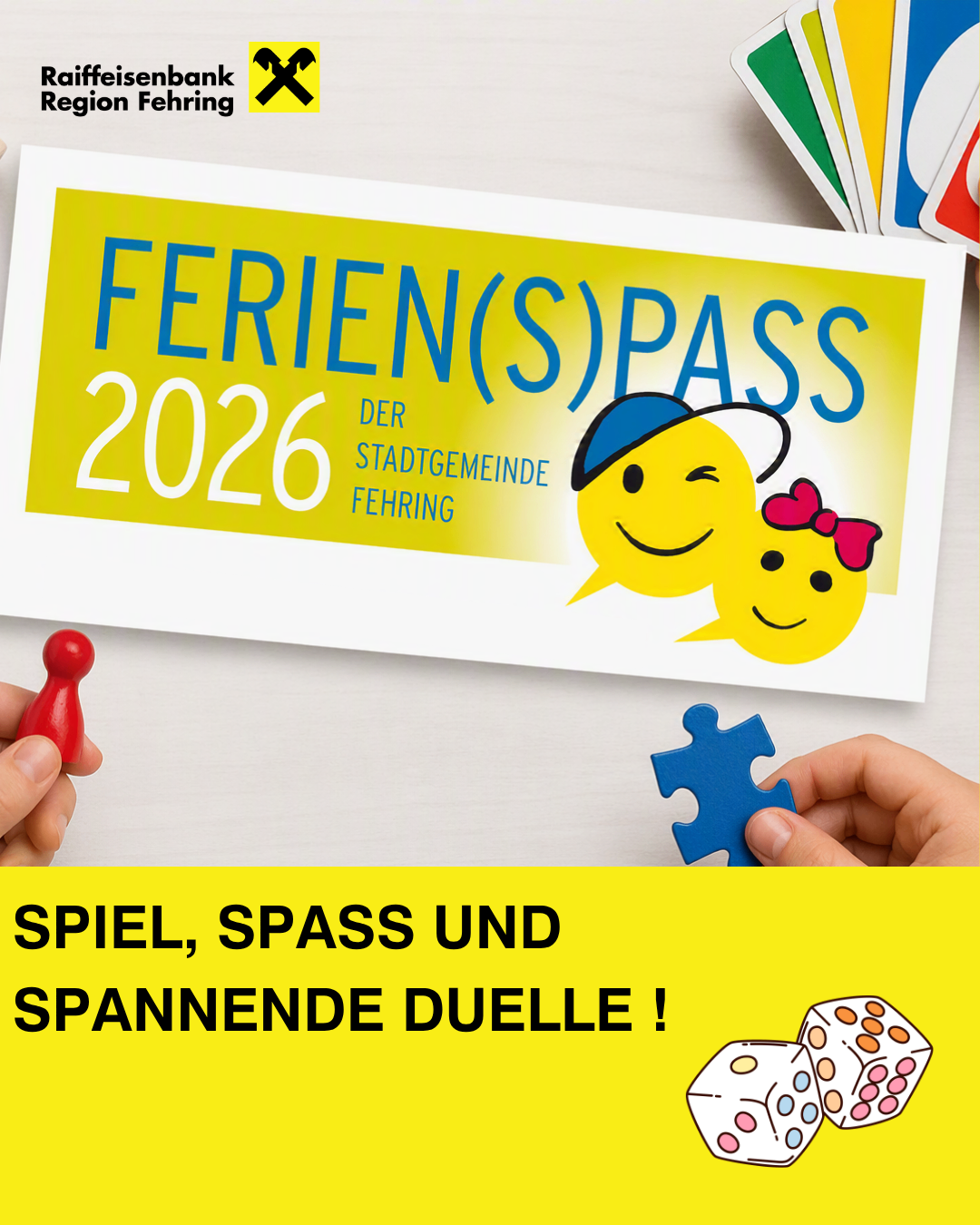 A promotional poster for Ferienspass 2026 by the city of Fering, featuring two smiling faces and various game pieces. The poster is bright yellow with blue text.