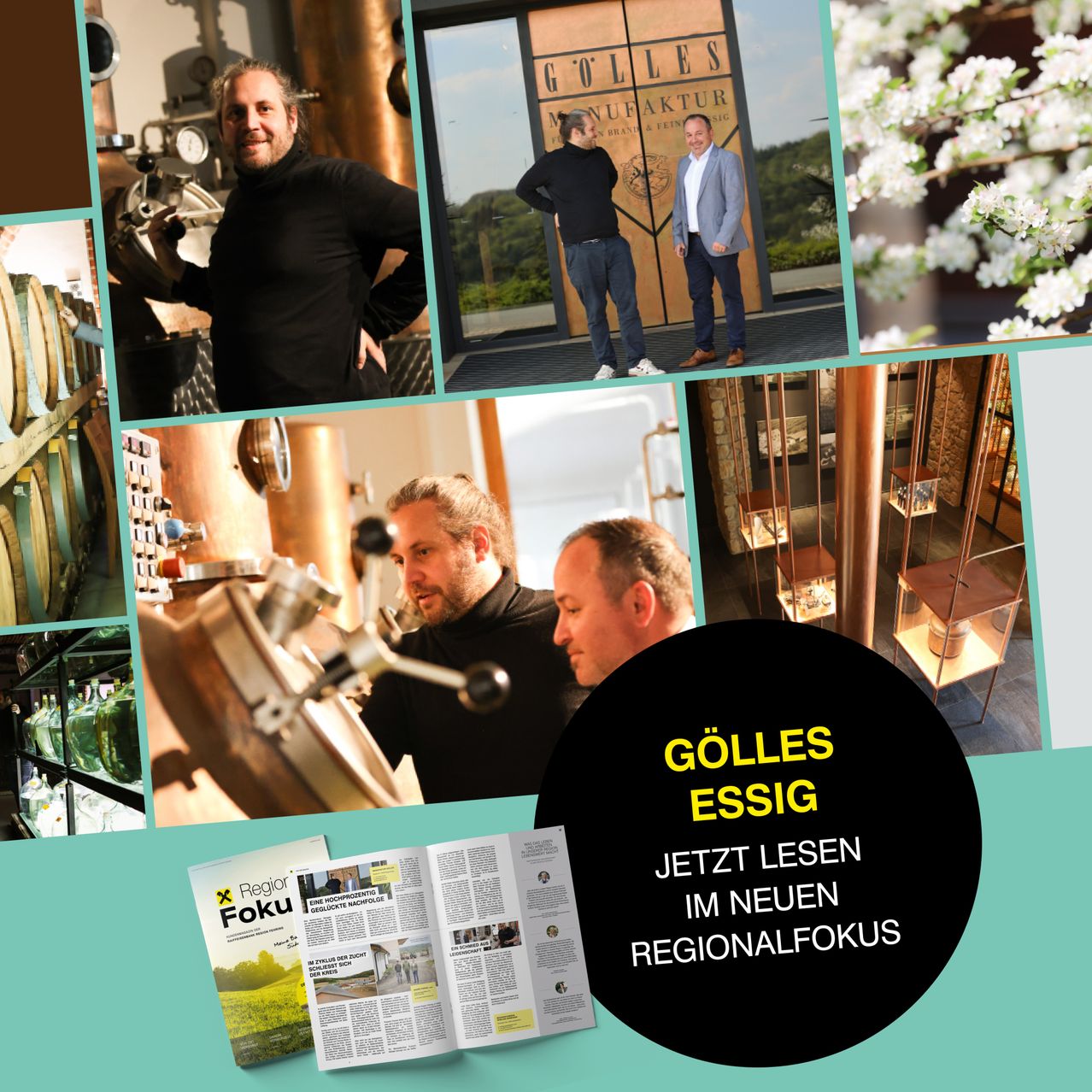 A collage of images featuring men in a distillery, a magazine, and a wooden door with the text 'Golles Essig'. The images include a man with a smiling face, a man with a serious face, and a man with a beard. The magazine is open to a page with the text 'Regional Fokus'. The collage also includes a shelf with bottles and a wooden barrel.