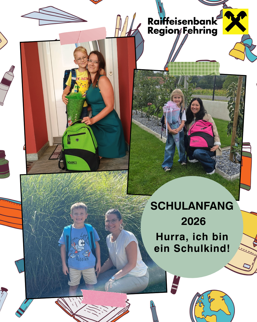 A collage of images featuring a family celebrating the start of the school year in 2026. The first image shows a boy with a backpack, the second a girl with a backpack, and the third a boy with a backpack and a woman. The fourth image shows a girl with a backpack and a woman. The fifth image shows a boy with a backpack and a woman.