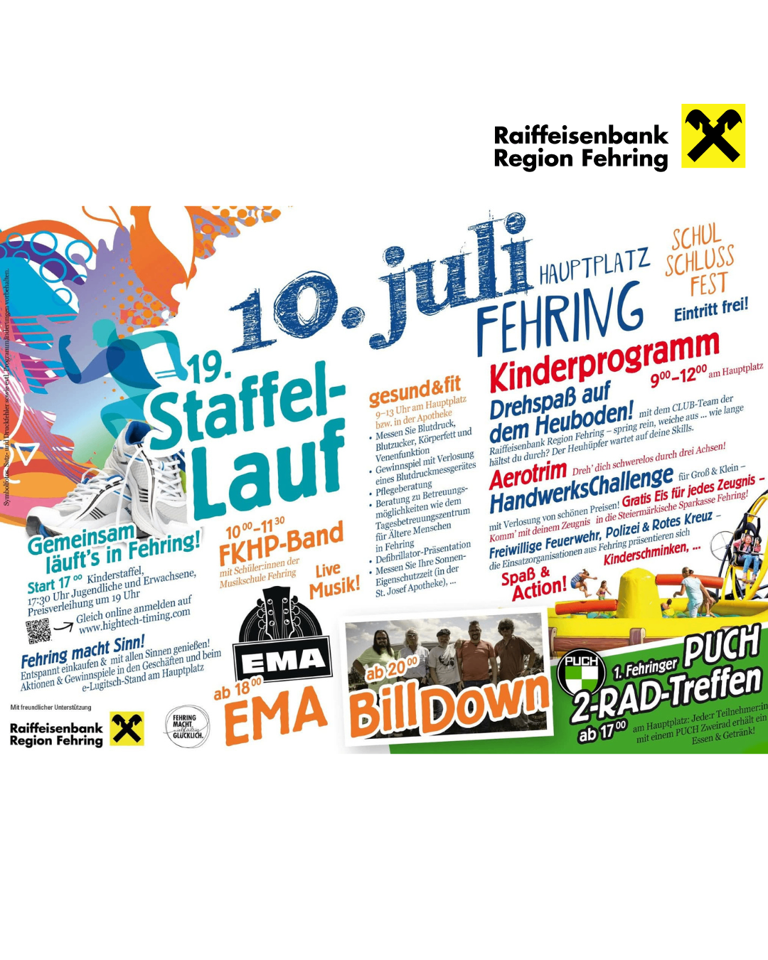 Poster for the 10th July Feiering event in Fehring. Features a staffellauf, live music by EMA, and a billdown event. Includes details about a free entry, a children's program, and various activities.