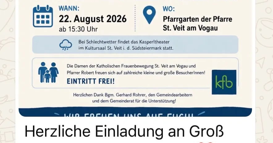 Ein Plakat für eine Kinderveranstaltung mit Kasperl, mit Angaben zum Datum, zur Zeit und zum Ort. Es wird auch auf freien Eintritt und einen Ausweichort hingewiesen.