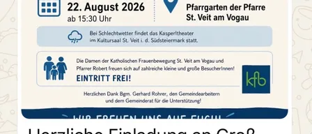 Ein Plakat für eine Kinderveranstaltung mit Kasperl, mit Angaben zum Datum, zur Zeit und zum Ort. Es wird auch auf freien Eintritt und einen Ausweichort hingewiesen.