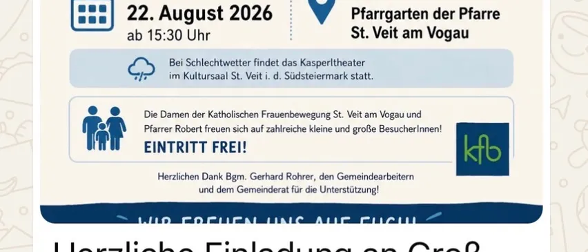 Ein Plakat für eine Kinderveranstaltung mit Kasperl, mit Angaben zum Datum, zur Zeit und zum Ort. Es wird auch auf freien Eintritt und einen Ausweichort hingewiesen.