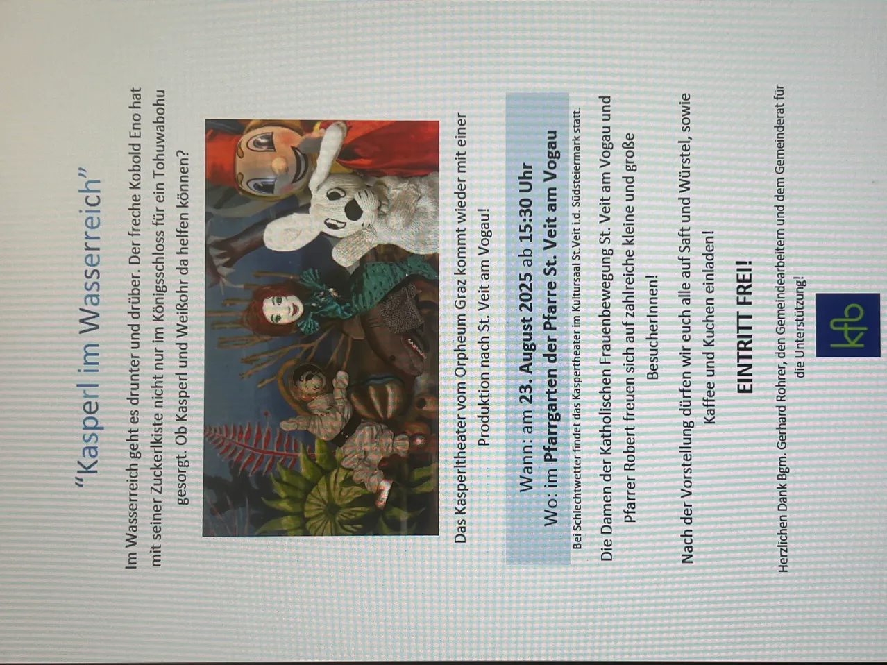 Plakat mit einem Cartoonbild von einem Hasen und einem Mädchen. Die Bildunterschrift erwähnt freien Eintritt, 23. August, 15:30 Uhr und St. Veit am Vogau. Der Text ist auf Deutsch.