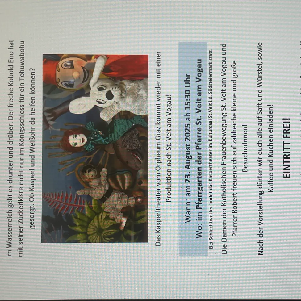 Plakat mit einem Cartoonbild von einem Hasen und einem Mädchen. Die Bildunterschrift erwähnt freien Eintritt, 23. August, 15:30 Uhr und St. Veit am Vogau. Der Text ist auf Deutsch.