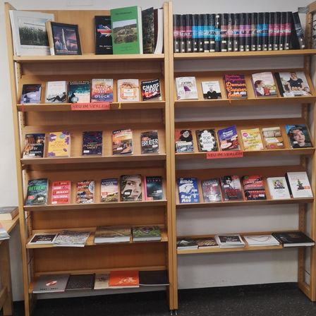 Ein hölzerne Bücherregal gefüllt mit verschiedenen Büchern, darunter Belletristik, Sachbücher und einige mit deutschem Text. Die Bücher sind in Reihen angeordnet und einige haben Etiketten wie 'Neu im Verleih'.